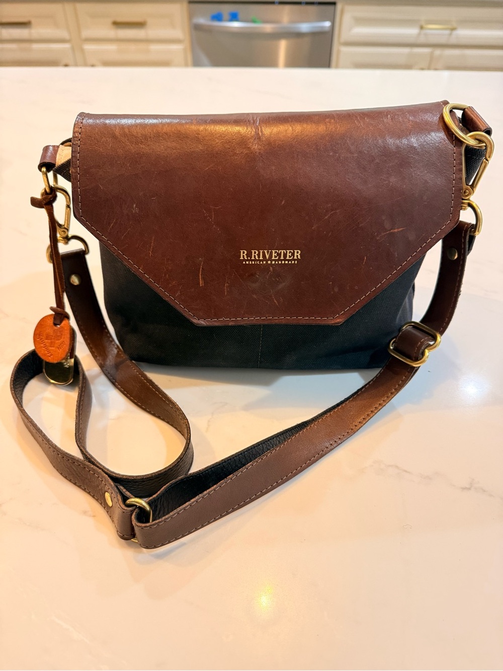 R. Riveter Brown Leather & navy Canvas Crossbody Bag